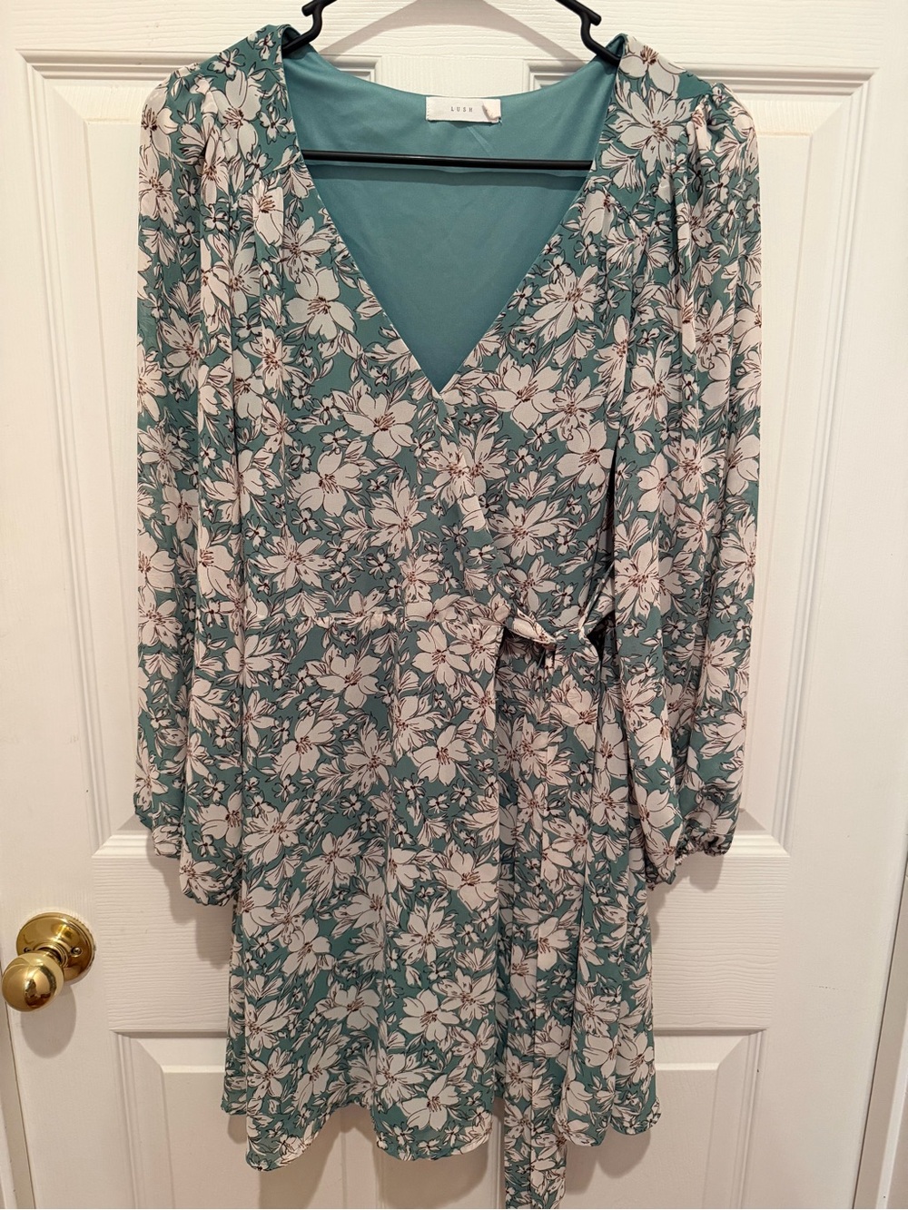 Lush Floral Wrap Dress Size Small Teal Blue White Tie Waist